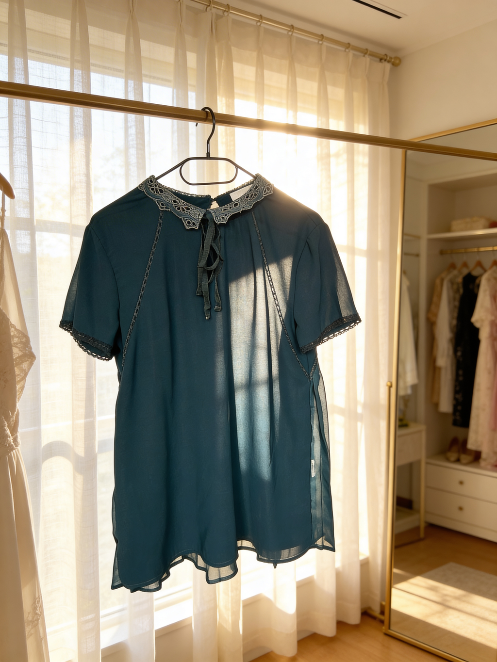 Blouse fluide vert canard à col dentelle - Grâce & Mila