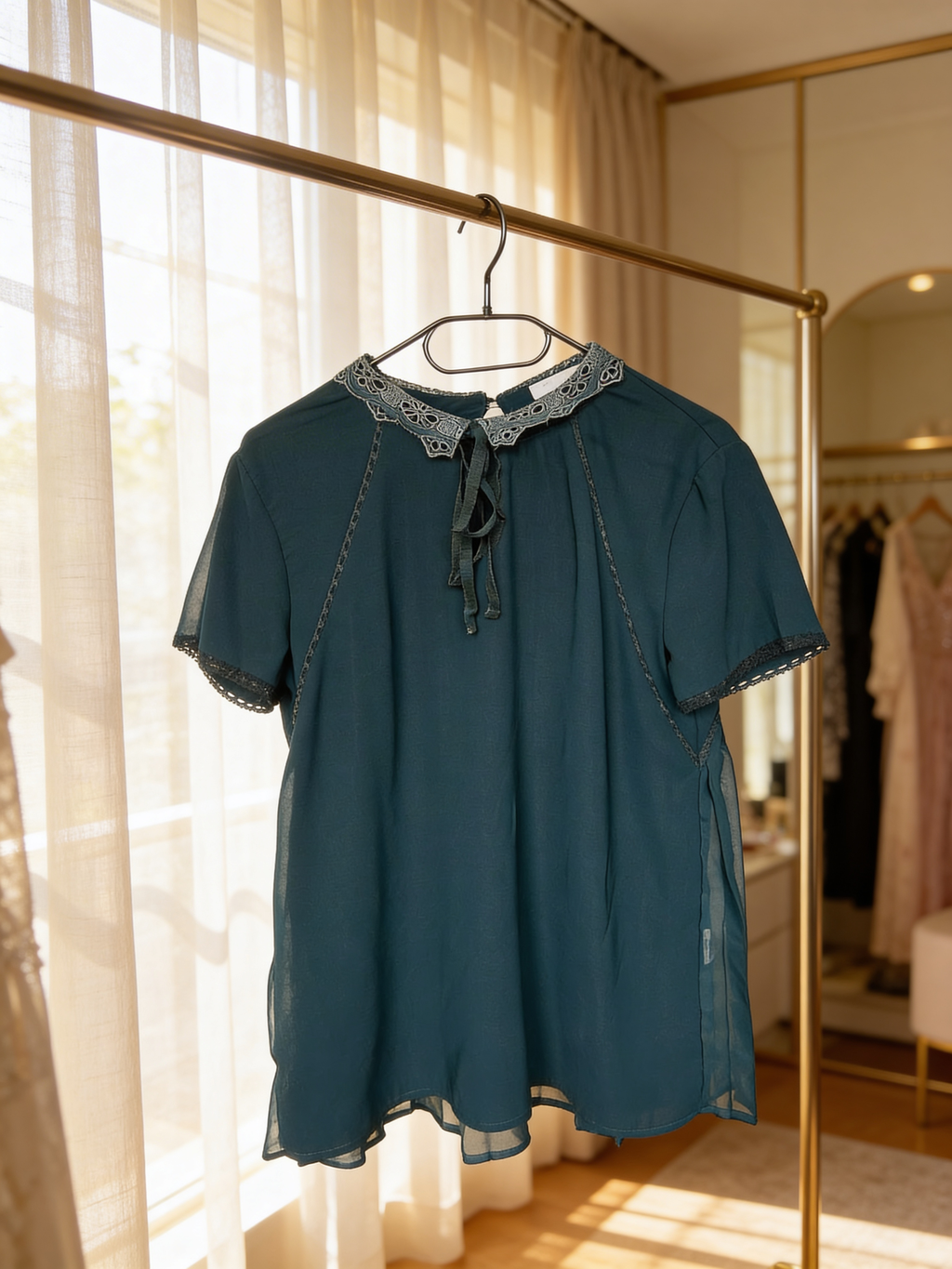 Blouse fluide vert canard à col dentelle - Grâce & Mila