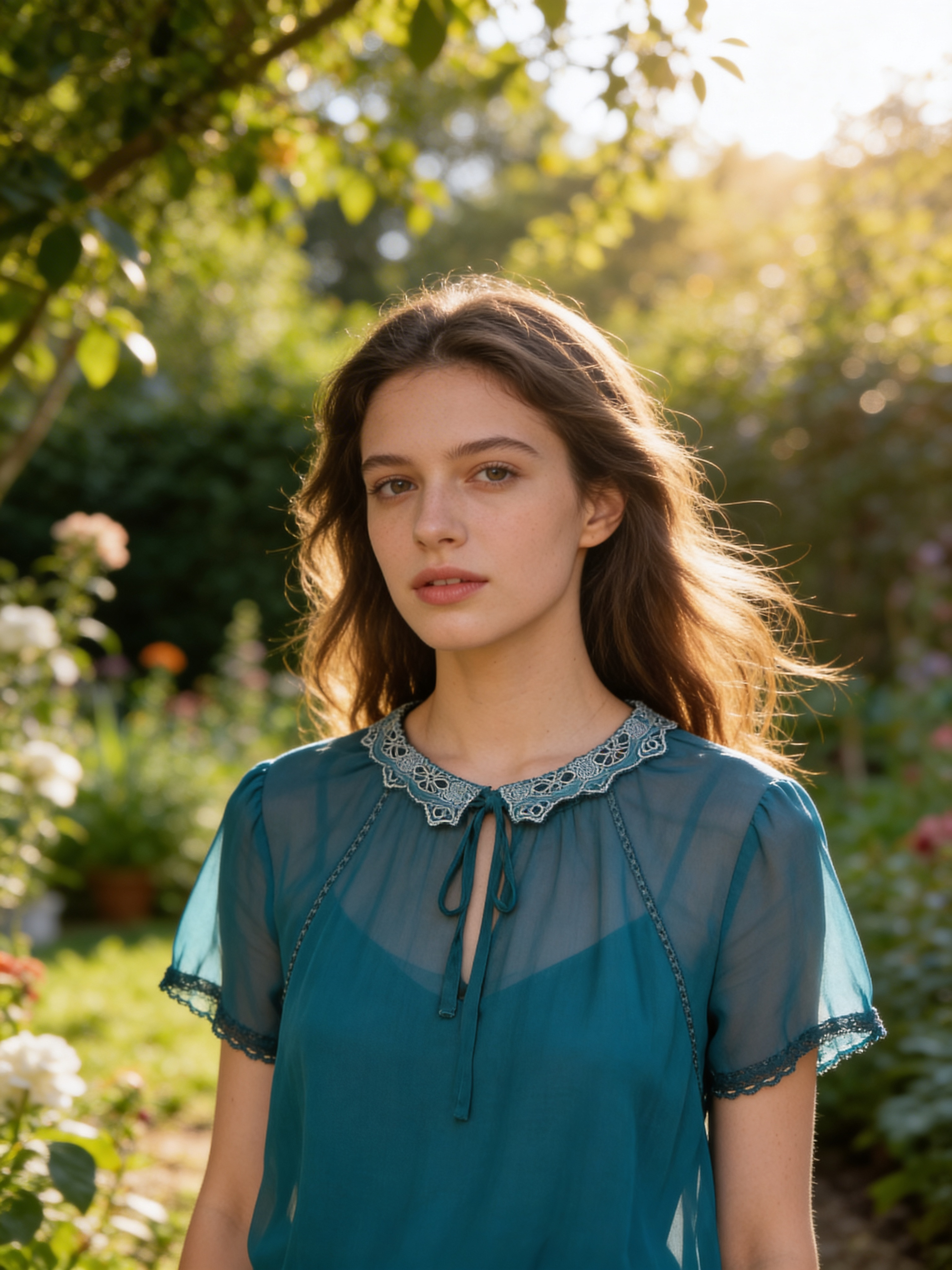 Blouse fluide vert canard à col dentelle - Grâce & Mila